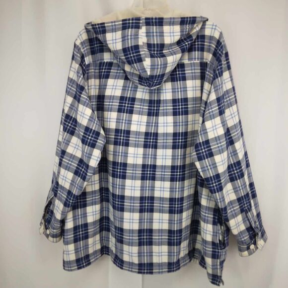 LL Bean Women's 2X Blue Plaid Fleece Lined Flannel Button Hooded Shacket Pockets - Picture 3 of 7
